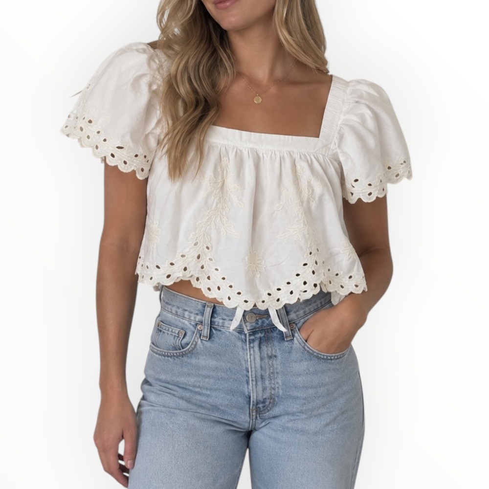 American Eagle White Eyelet Embroidered Cropped Tie Back Top Small